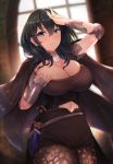  1girl arm_guards armor bangs black_cape black_shorts blue_eyes blue_hair blush breasts byleth_(fire_emblem)_(female) cape cleavage closed_mouth cowboy_shot elbow_pads fire_emblem fou_zi hair_ornament hand_up highres huge_breasts indoors light_particles long_hair looking_at_viewer navel navel_cutout pantyhose sheath sheathed short_hair shorts sidelocks skindentation smile solo 