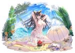  1girl animal_ears areolae atago_(azur_lane) atago_(midsummer_march)_(azur_lane) azur_lane bag bangs beach beach_umbrella bikini black_hair blue_sky blush breasts brown_eyes cleavage cloud day extra_ears eyebrows_visible_through_hair flower full_body hair_flower hair_ornament high_heels highres large_breasts long_hair looking_at_viewer mole mole_under_eye navel nipples ocean palm_tree plant ribbon sand sarong signature sitting sky solo stomach sunlight swimsuit thighs topless tree umbrella untied untied_bikini waves wet wet_clothes white_bikini white_footwear yi_dianxia yokozuwari 