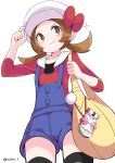  1girl absurdres bag brown_hair cowboy_shot hat highres kandori kotone_(pokemon) pokemon pokemon_(game) pokemon_hgss simple_background smile solo thighhighs twintails white_background 