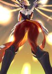  1girl artist_request ass blonde_hair bodysuit cameltoe commentary_request covered_anus from_behind highres mechanical_wings mercy_(overwatch) overwatch ponytail short_hair skin_tight solo thighs wings 