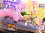  2019 3d_(artwork) anthro anus areola breasts car clothing cutie_mark digital_media_(artwork) duo earth_pony english_text equid equine eyelashes eyeshadow feathered_wings feathers female fluttershy_(mlp) footwear forsaken_(artist) friendship_is_magic hi_res horse hose looking_at_viewer makeup mammal my_little_pony navel nipples outside pinkie_pie_(mlp) pony pterippus pussy text vehicle water wings 