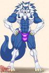  2019 4_toes 5_fingers abs anthro biceps biped black_nose blue_fur blue_hair blue_skin bulge canid canine canis capcom claws clothed clothing darkstalkers eyebrows fingers fur gloves_(marking) hair hands_on_hips hi_res hungothenomster jon_talbain leg_markings male mammal mane markings multicolored_fur multicolored_hair multicolored_skin muscular muscular_male muscular_thighs nipples pecs pubes simple_background socks_(marking) solo standing tight_underwear toes topless two_tone_fur two_tone_hair two_tone_skin video_games were werecanid werecanine werewolf white_fur white_hair white_skin wolf yellow_eyes 