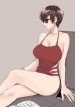 1girl bare_shoulders breasts brown_hair cellphone cleavage collarbone crossed_legs earrings english_commentary highres jewelry jumpsuit large_breasts looking_to_the_side norman_maggot olive_laurentia original phone red_eyes red_jumpsuit short_hair sitting sleeveless smartphone smile solo sunglasses 