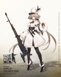  1girl ankle_boots bangs black_footwear black_legwear black_ribbon blush boots breasts bullet character_name cleavage closed_mouth collarbone dress dropping eyebrows_visible_through_hair full_body fur-trimmed_boots fur-trimmed_dress fur_collar fur_hat fur_trim girls_frontline gloves gun hair_ribbon hat hat_feather high_heel_boots high_heels highres holding holding_gun holding_weapon kord_(girls_frontline) kord_6p50 large_breasts logo long_hair long_sleeves looking_at_viewer low_ponytail machine_gun military military_uniform multiple_straps off-shoulder_dress off_shoulder official_art orange_gloves pantyhose pouch red_eyes ribbon sidelocks smile solo standing underbust uniform very_long_hair watermark weapon white_dress 