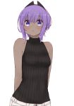  1girl :&lt; alternate_costume bangs bare_arms bare_shoulders black_sweater breasts closed_mouth collarbone covered_collarbone dark_skin eyebrows_visible_through_hair fate/prototype fate/prototype:_fragments_of_blue_and_silver fate_(series) hair_between_eyes hassan_of_serenity_(fate) i.u.y looking_at_viewer pants purple_eyes purple_hair sidelocks simple_background sleeveless_sweater small_breasts solo sweater turtleneck turtleneck_sweater white_background white_pants 