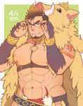  1boy abs animal_costume bara beard belt biceps blue_eyes brown_hair chest collar facial_hair fang glasses gloves gullinbursti_(tokyo_houkago_summoners) hands_on_eyewear hat leather looking_at_viewer male_focus muscle nipples open_clothes pectorals rnsk_akatsuki simple_background solo tokyo_houkago_summoners topless 