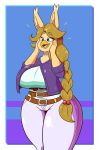  anthro avian beads beak belt big_breasts bird bottomwear braided_ponytail breasts clothing female hair hi_res orange_(smug_jund) orange_hair owl pants shinyillusionz solo 