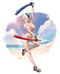  1girl asymmetrical_hair azto_dio aztodio beach black_swimsuit blue_eyes blue_sky breasts cleavage cloud cloudy_sky competition_swimsuit dual_wielding fate/grand_order fate_(series) hair_ornament highleg highres holding holding_weapon large_breasts leotard long_hair looking_at_viewer miyamoto_musashi_(fate/grand_order) navel nipples nude one-piece_swimsuit outdoors pink_hair ponytail sandals sky solo swimsuit weapon 
