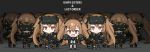  6+girls armband brown_hair chibi clone commentary_request english_text girls_frontline goggles goggles_on_head gun h&amp;k_ump highres jacket korean_commentary last_order long_sleeves misaka_imouto mod3_(girls_frontline) multiple_girls parody ran_system scar scar_across_eye scope submachine_gun suppressor to_aru_kagaku_no_railgun to_aru_majutsu_no_index twintails ump9_(girls_frontline) weapon 