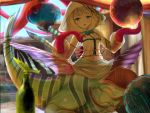  1girl blonde_hair blue_eyes blush bottle day fins front_ponytail highres hood hybrid lantern long_sleeves looking_at_viewer medium_hair midriff mon-musu_quest! mon-musu_quest:_paradox monster_girl open_mouth outdoors queen_scylla scylla solo tent tentacles un_do 