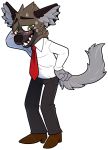  aggressive_retsuko alpha_channel blush bodily_fluids brown_fur clothed clothing crownedvictory dress_shoes fur green_eyes grey_fur haida hyaenid mammal necktie nervous sanrio simple_background smile solo sweat tagme transparent_background 