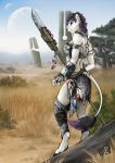  2019 5_fingers amazing_background anthro barefoot black_nose day detailed_background digital_media_(artwork) digitigrade felid female fingers fur grass hair hi_res holding_object holding_weapon lion mammal moon outside pantherine purple_hair sky solo tanutanuki toes weapon white_fur 