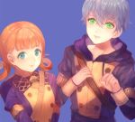  1boy 1girl annette_fantine_dominique ashe_duran blue_background blue_eyes closed_mouth fire_emblem fire_emblem:_three_houses freckles green_eyes grey_hair hood hood_down jurge long_sleeves orange_hair parted_lips short_hair simple_background smile twintails uniform upper_body 