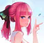  1girl bangs blue_eyes blunt_bangs blush bug butterfly go-toubun_no_hanayome hair_ornament hand_up hanr10 highres index_finger_raised insect long_hair looking_at_viewer nakano_nino parted_lips pink_hair ponytail ribbon shirt sidelocks simple_background sleeveless solo upper_body white_shirt 