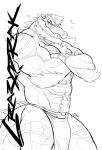  &lt;3 2019 abs alex_(jrbart) anthro beard biceps black_and_white bulge chest_fur clothed clothing crocodile crocodilian crocodylid facial_hair fangs hair hi_res jrbart loincloth male monochrome muscular muscular_male pecs pubes quads reptile scales scalie solo spikes standing tattoo teeth text triceps 
