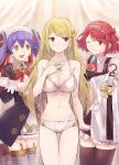  3girls android blinking blonde_hair blush bob_cut bra breasts brown_eyes changing_clothes cleavage clenched_hand clothes_removed earrings fujie-yz gears hair_ribbon hand_on_own_chest highres hikari_(xenoblade_2) homura_(xenoblade_2) index_finger_raised jewelry long_hair maid_cap maid_dress maid_headdress multiple_girls panties red_eyes red_ribbon ribbon short_hair smile underwear white_bra white_panties xenoblade_(series) xenoblade_2 yellow_eyes yellow_ribbon 