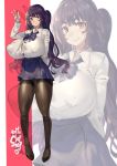  1girl bow breasts brown_eyes grin highres huge_breasts inverted_nipples large_breasts long_hair looking_at_viewer open_clothes open_shirt puffy_nipples purple_bow purple_hair skirt smile solo tamada_heijun thighs twintails v zoom_layer 