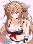  1girl absurdres ahoge big_hair bikini_skirt black_choker blush breasts choker cleavage collarbone hair_between_eyes hair_flaps hair_ornament hair_tie hairclip hand_under_clothes harukawa_(hal501) heterochromia highres kantai_collection large_breasts light_brown_hair long_hair looking_at_viewer messy_hair murasame_(kantai_collection) navel pink_background red_neckwear remodel_(kantai_collection) simple_background skirt smile solo two-tone_bikini two_side_up very_long_hair white_skirt 