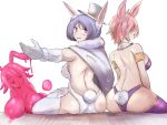  3girls animal_ears armlet ass back bare_back blush bow bowtie breasts bunny_ears bunny_slime bunny_tail bunnysuit cape commentary_request detached_collar eyebrows_visible_through_hair fur fur_trim gloves goo_girl hair_over_eyes hat highres huge_breasts large_breasts looking_at_viewer looking_back mon-musu_quest! mon-musu_quest:_paradox monster_girl multiple_girls open_mouth outstretched_arm pink_hair purple_hair rabbit_girl rabbit_girl_(mon-musu_quest:paradox) red_eyes short_hair simple_background sitting slime smile tail thighhighs top_hat trait_connection un_do white_background white_rabbit_(mon-musu_quest:paradox) zipper 