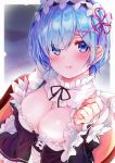  1girl :t black_dress blue_eyes blue_hair breasts cleavage closed_mouth commentary_request detached_sleeves dress frilled_sleeves frills hair_ornament hand_up headdress highres large_breasts long_sleeves looking_at_viewer maid pout re:zero_kara_hajimeru_isekai_seikatsu rem_(re:zero) rouka_(akatyann) short_hair sidelocks solo upper_body wide_sleeves x_hair_ornament 