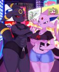  2019 abs anthro areola bottomwear breasts bulge butt cellphone cigarette clothed clothing clothing_lift duo eeveelution espeon eyelashes female forehead_gem forked_tail gardevoir gynomorph hi_res holding_object holding_phone intersex jinu looking_at_viewer muscular muscular_gynomorph muscular_intersex nintendo patreon phone pok&eacute;mon pok&eacute;mon_(species) pok&eacute;morph red_sclera shirt shirt_lift shorts slowpoke smoking tank_top topwear tsareena umbreon under_boob url video_games wide_hips 