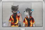  2019 absurd_res anthro bathroom black_fur blue_fur brown_fur bubblegumboi canid canine canis clothed clothing digital_media_(artwork) domestic_dog duo eyewear fully_clothed fur glasses grey_fur hair hi_res husky male mammal mirror nordic_sled_dog phone short_hair spitz standing sunglasses taking_photo tongue tongue_out toony wallpaper wolf 