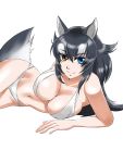  1girl animal_ears bikini black_hair blue_eyes breasts cleavage closed_mouth commentary commentary_request eyebrows_visible_through_hair grey_wolf_(kemono_friends) groin heterochromia highres kemono_friends large_breasts looking_at_viewer lying multicolored_hair navel on_side saijouji_reika simple_background solo swimsuit tail two-tone_hair white_background white_bikini white_hair wolf_ears wolf_girl wolf_tail yellow_eyes 