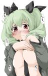  1girl anchovy anzio_military_uniform between_breasts black_neckwear blush breasts covering covering_breasts drill_hair elf_(stroll_in_the_woods) girls_und_panzer green_hair head_out_of_frame highres looking_at_viewer necktie necktie_between_breasts no_bra red_eyes self_exposure self_shot solo sweat translation_request twin_drills upper_body wavy_mouth 