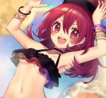  1girl :d armpits arms_up bangle bangs bare_arms bare_shoulders bikini black_bikini black_choker blue_sky blush bracelet breasts choker collarbone commentary_request ear_piercing earrings earth hair_between_eyes hecatia_lapislazuli highres jewelry kyouda_suzuka long_hair looking_at_viewer moon navel open_mouth outdoors piercing polos_crown rainbow red_eyes red_hair sky small_breasts smile solo stomach swimsuit touhou underboob upper_body v-shaped_eyebrows 