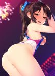  1girl ass bangs bare_arms bare_shoulders bent_over blue_bow blue_swimsuit blurry blurry_background blush bow breasts brown_eyes brown_hair competition_swimsuit eyebrows_visible_through_hair hair_bow half-closed_eyes idolmaster idolmaster_cinderella_girls indoors long_hair looking_at_viewer one-piece_swimsuit open_mouth ponytail satou_kuuki sidelocks small_breasts smile solo sweat swimsuit tachibana_arisu 