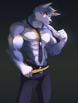  anthro belt bulge canid canine canis clothed clothing harufeng hi_res looking_at_viewer male mammal muscular muscular_male necktie smile solo standing towel wolf 