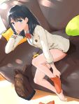  1girl bag bangs black_hair black_skirt blue_eyes blush breasts cardigan couch eyebrows_visible_through_hair from_above highres keroroxzz long_hair long_sleeves looking_at_viewer miniskirt orange_legwear pillow pleated_skirt school_uniform scrunchie scrunchie_removed sitting skirt solo ssss.gridman takarada_rikka thighs yellow_pillow yellow_scrunchie 