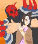  1girl absurdres bandage_over_one_eye brown_eyes brown_hair buddy_(lisa) highres horn indioweeaboo lisa_the_joyful lisa_the_painful poncho rando_(lisa) scar shoulder_spikes size_difference skull_mask spikes 