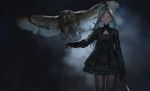  1girl absurdres animal bird black_legwear cleavage_cutout cowboy_shot eurasian_eagle_owl gloves grey_background grey_hair highres holding holding_sword holding_weapon jun_(5455454541) long_hair looking_at_viewer original owl pantyhose partly_fingerless_gloves solo standing sword weapon yellow_eyes 