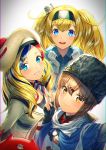  3girls anchor_hair_ornament anchor_necklace bangs beret black_bow black_gloves black_headwear blonde_hair blue_eyes blue_shawl blue_shirt blush bow brown_eyes brown_hair closed_mouth collared_shirt commandant_teste_(kantai_collection) commentary_request eyebrows_visible_through_hair fingerless_gloves gambier_bay_(kantai_collection) gloves hair_between_eyes hair_bow hair_ornament hairband hairclip hammer_and_sickle hat jacket kantai_collection kyon_(fuuran) long_hair looking_at_viewer low_twintails multicolored multicolored_clothes multicolored_hair multicolored_scarf multiple_girls open_mouth papakha pom_pom_(clothes) red_hair red_shirt scarf shirt simple_background smile standing star streaked_hair swept_bangs tashkent_(kantai_collection) torn_scarf twintails v wavy_hair white_background white_jacket white_scarf 
