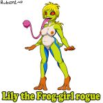  1:1 2019 amphibian anthro belly big_belly bodily_fluids breasts digital_media_(artwork) dungeons_and_dragons female flippers frog hair hi_res monster nipples nude open_mouth paws ponytail pussy rubiont-47 saliva smile solo tongue 