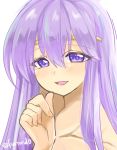  1girl blush collarbone eyebrows_visible_through_hair fire_emblem fire_emblem:_genealogy_of_the_holy_war hair_between_eyes headband julia_(fire_emblem) lavender_hair long_hair looking_at_viewer open_mouth portrait purple_eyes simple_background smile solo straight_hair twitter_username white_background yukia_(firstaid0) 