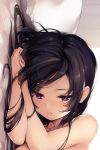  1girl bare_shoulders bed bed_sheet belly black_hair blue_eyes blush closed_mouth collarbone commentary_request eyebrows_visible_through_hair hands_on_own_head head_on_hand long_hair looking_down lying mizusawa_suzuka nude on_bed on_side original pillow senji_(tegone_spike) shoulders solo window 