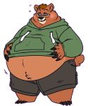  alpha_channel anthro belly belly_jiggle big_belly blush brown_bear brown_fur chub-united chubby_cheeks claws clothed clothing eyewear fur glasses hand_on_stomach hi_res hoodie male mammal midriff overweight overweight_male simple_background solo standing toe_claws topwear transparent_background ursid ursine 