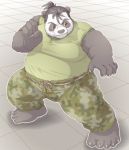  anthro belly black_fur black_hair camo camo_print claws clothed clothing fur giant_panda hair male mammal martial_arts moobs onda_seki overweight overweight_male ponytail pose smile solo standing toe_claws ursid white_fur 