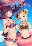  2girls abigail_williams_(fate/grand_order) animal bandeau bangs bikini black_bikini black_bow blonde_hair blue_eyes blue_sky bow breasts cleavage cloud cover cover_page day double_bun emerald_float eyewear_on_head fate/grand_order fate_(series) flower food food_in_mouth frilled_bikini_bottom frills hair_bow hair_flower hair_ornament heart heart-shaped_eyewear holding holding_paintbrush horizon innertube katsushika_hokusai_(fate/grand_order) long_hair medium_breasts mouth_hold multiple_girls navel ocean octopus orange_bow outdoors paintbrush parted_bangs popsicle purple_hair red_flower sidelocks sky strapless strapless_bikini swimsuit ten-chan_(eternal_s) tokitarou_(fate/grand_order) 