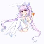  1girl animal_ears bangs bare_shoulders blue_background blue_dress blue_footwear blue_ribbon blush breasts brown_eyes bunny_ears bunny_girl bunny_tail closed_mouth collarbone commentary_request cup cupping_glass dress drinking_glass eyebrows_visible_through_hair hair_ribbon high_heels highres hikawa_kyoka holding holding_cup kemonomimi_mode knees_up looking_at_viewer lydia601304 maid_headdress nose_blush pointy_ears princess_connect! princess_connect!_re:dive purple_hair ribbon shoes short_dress simple_background sitting small_breasts solo tail thighhighs twintails white_legwear wrist_cuffs 