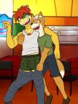  anthro body_hair bottomwear bowser boxer_briefs bulge canid canine chest_hair clothed clothing drunk duo fox fox_mccloud fuze hi_res koopa male mammal mario_bros nintendo pants_down partially_clothed scalie shirt shorts star_fox substance_intoxication t-shirt tank_top topwear underwear video_games 