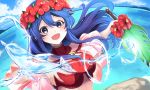  1girl bikini blue_eyes blue_hair blush breasts fire_emblem fire_emblem:_the_binding_blade fire_emblem_heroes flower headband highres lilina_(fire_emblem) long_hair looking_at_viewer nakabayashi_zun navel open_mouth simple_background solo swimsuit water 