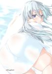 1girl all_fours ass bare_shoulders blue_eyes commentary_request hibiki_(kantai_collection) kantai_collection looking_back mikage_takashi no_hat no_headwear silver_hair solo twitter_username 