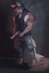  absurd_res anthro bottomwear canid canine canis clothed clothing domestic_dog german_shepherd gun handgun harufeng herding_dog hi_res hoodie jeans looking_at_viewer male mammal muscular muscular_male pants pastoral_dog pistol ranged_weapon simple_background solo standing topwear weapon 