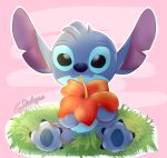  2019 4_toes absurd_res alien black_eyes blue_claws blue_fur blue_nose blue_pawpads claws digital_drawing_(artwork) digital_media_(artwork) disney experiment_(lilo_and_stitch) flower fur grass head_tuft hi_res hibiscus holding_flower holding_object lilo_and_stitch mizuki247 notched_ear outline pawpads plant signature solo stitch_(lilo_and_stitch) toe_claws toes tuft 