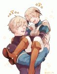 1boy 1girl blonde_hair blush_stickers boots brother_and_sister carrying closed_eyes fate/grand_order fate_(series) gameplay_mechanics gareth_(fate/grand_order) gawain_(fate/extra) gloves hair_flaps holy_grail_(fate) laughing short_hair siblings source_request star twitter_username 