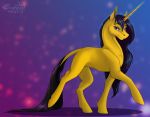  2019 black_eyebrows black_mane black_tail blue_eyes digital_media_(artwork) equid eyebrows eyelashes female feral fur gradient_background hooves horn long_mane long_tail looking_at_viewer mammal mane multicolored_tail my_little_pony quadruped side_view signature simple_background smile solo sunny_way two_tone_tail unicorn yellow_fur yellow_horn yellow_tail 