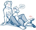  2019 anthro barefoot blush bottomwear canid canine canis chest_tuft clothed clothing colin_(twokinds) cuddling dialogue digitigrade domestic_dog duo ear_piercing english_text female footwear grin hi_res human keidran larger_male leaning leaning_back leaning_forward leg_twitch male mammal monochrome pawpads petting piercing samantha_potts shoes simple_background sitting size_difference sketch skirt smaller_female smile text tom_fischbach topless tuft twokinds webcomic white_background 